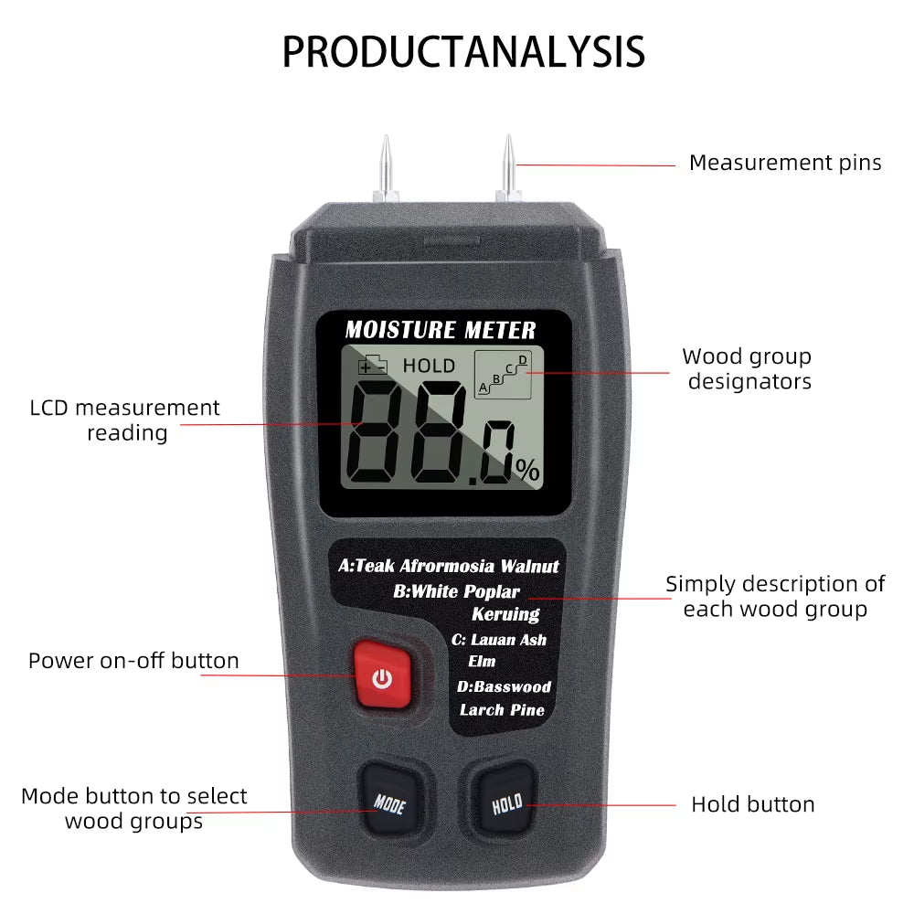 Construction Wood Moisture Meter, 2-Pin Digital Tester 0-99.9% – image 7