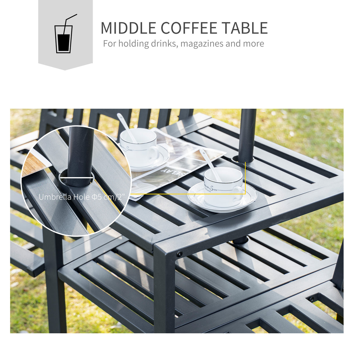 Metal Garden Bench with Center Table, 2-Seat Patio Tete-a-Tete – image 5