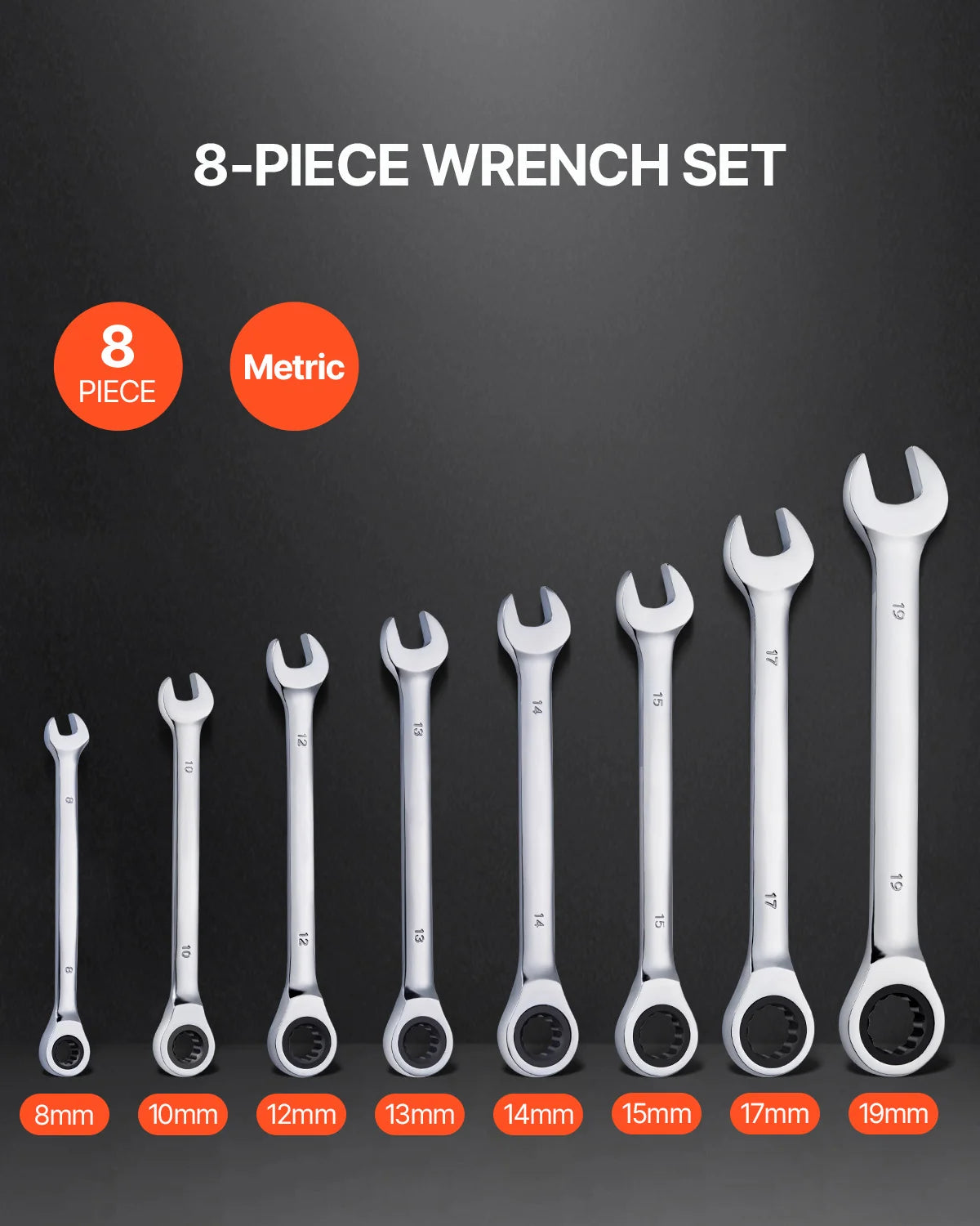 Ratcheting Wrench Set 8 Pcs – Metric 8–19 mm with Rack – image 2