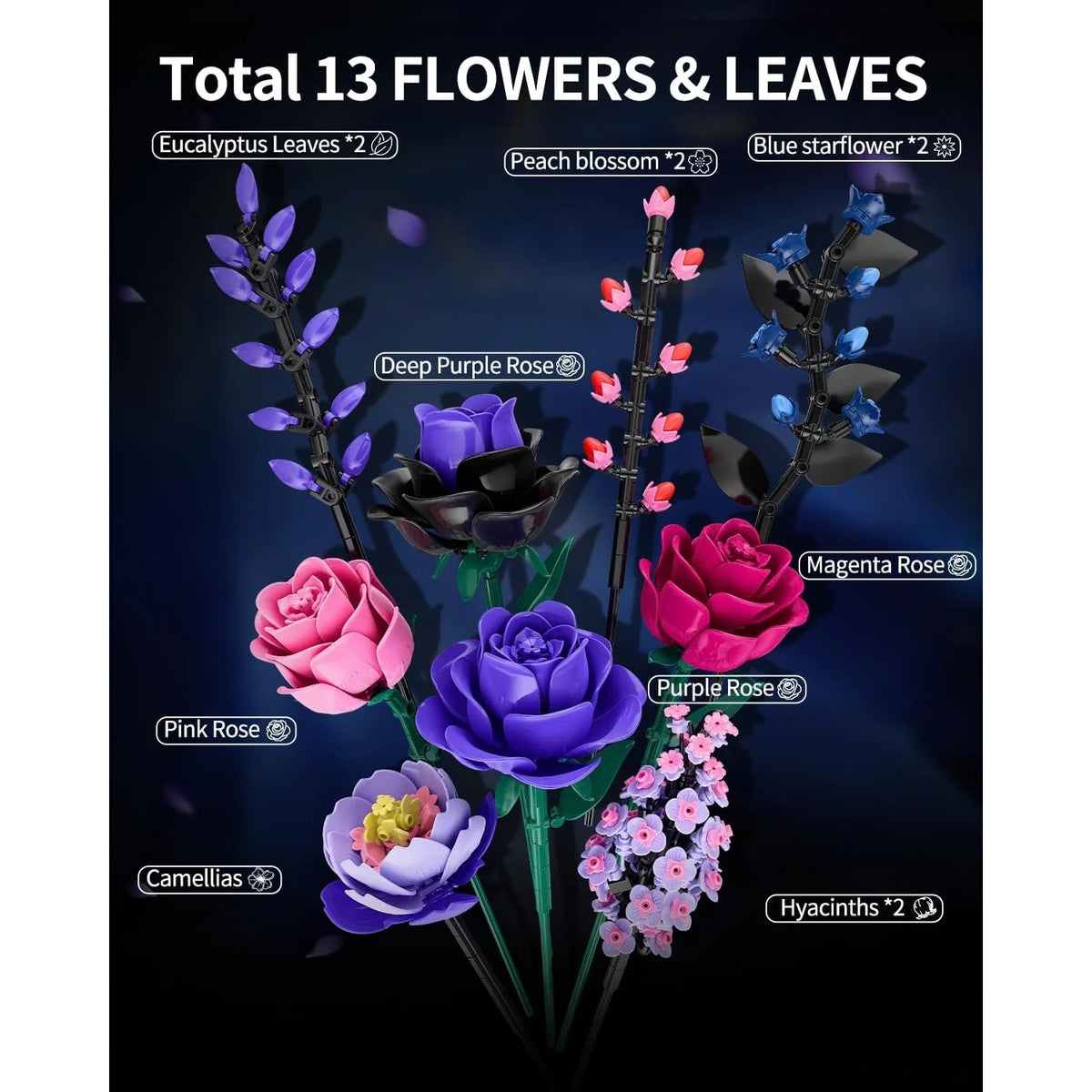 Rose Bouquet Building Set – Purple Botanical Blocks Decor – image 3