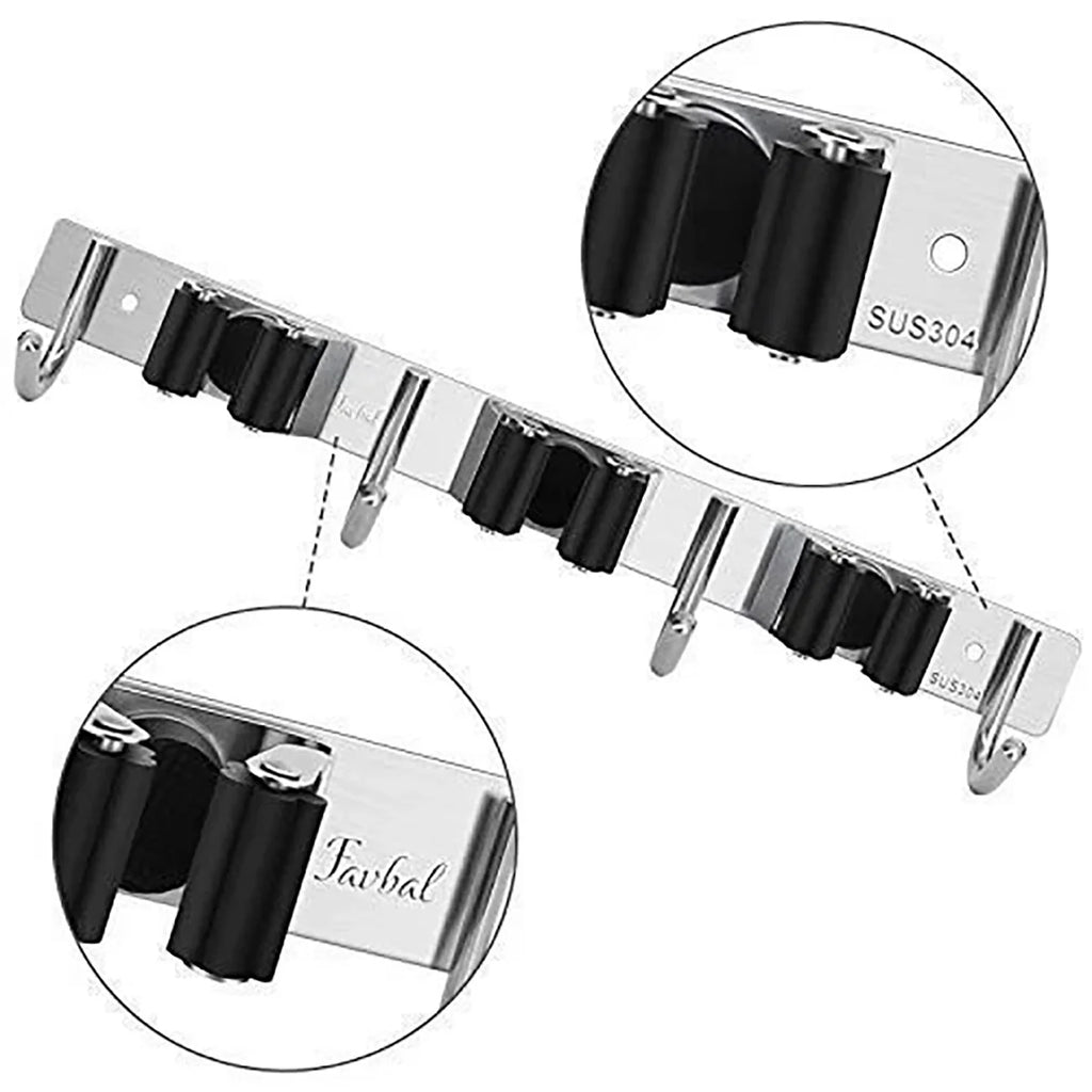 Broom and Mop Holder Wall Mount – 3 Slots, 4 Hooks, Stainless Steel – image 2