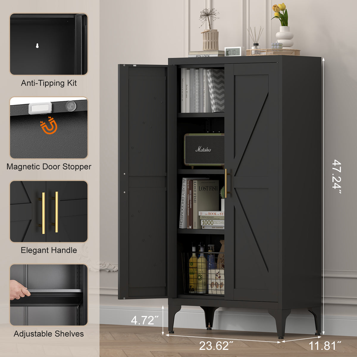 Pantry Cabinet, 2-Door Steel Kitchen Storage with Adjustable Shelves – image 3