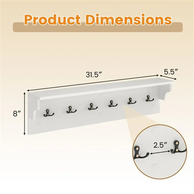 Coat Rack Wall Mount with Shelf, 6 Hooks, 31.5 Inch White – image 6