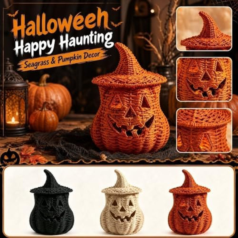 Wicker Pumpkin Lantern 11 in, Handwoven Rattan Halloween Decor – image 4