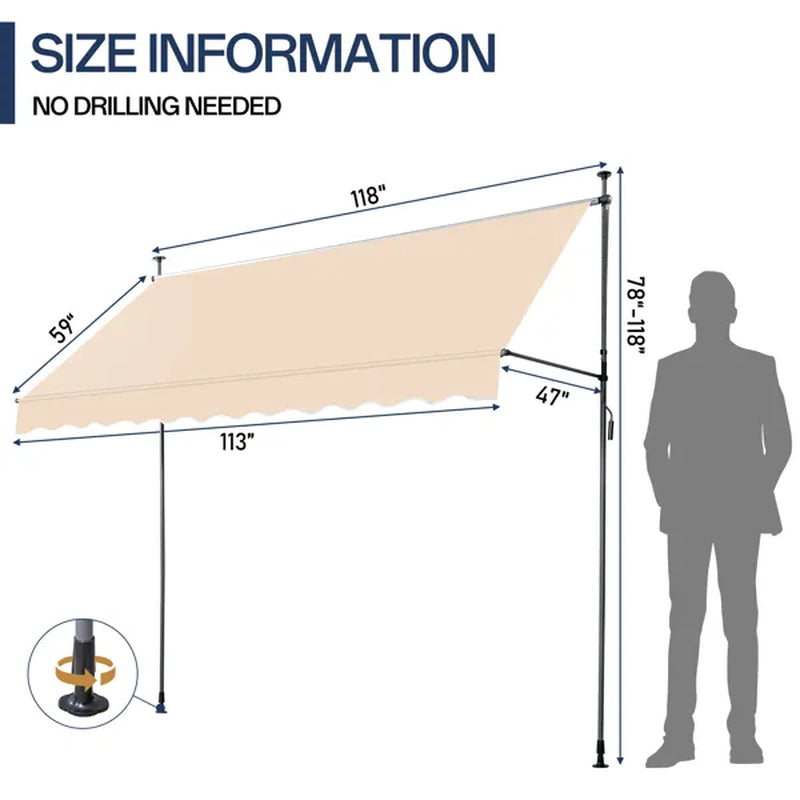 Retractable Patio Awning 118 x 47 in, No-Drill Crank Sun Shade – image 9