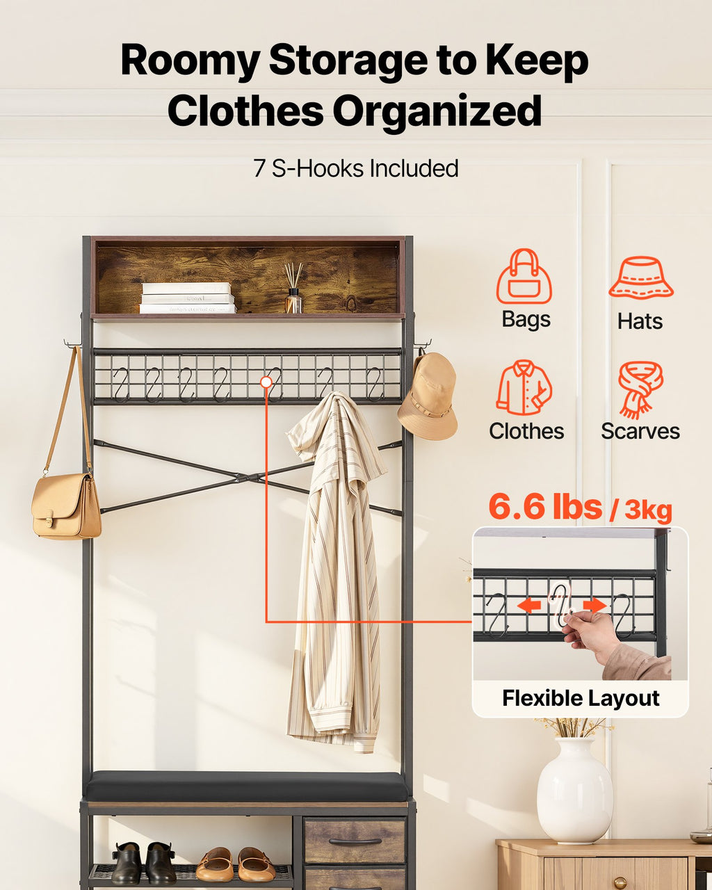 Hall Tree with Shoe Bench and 3 Drawers, 71 in Entryway Coat Rack – image 3