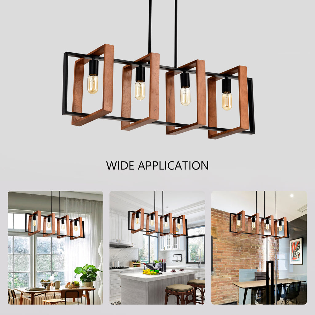 4-Light Farmhouse Kitchen Island Pendant Wood and Black 36 In