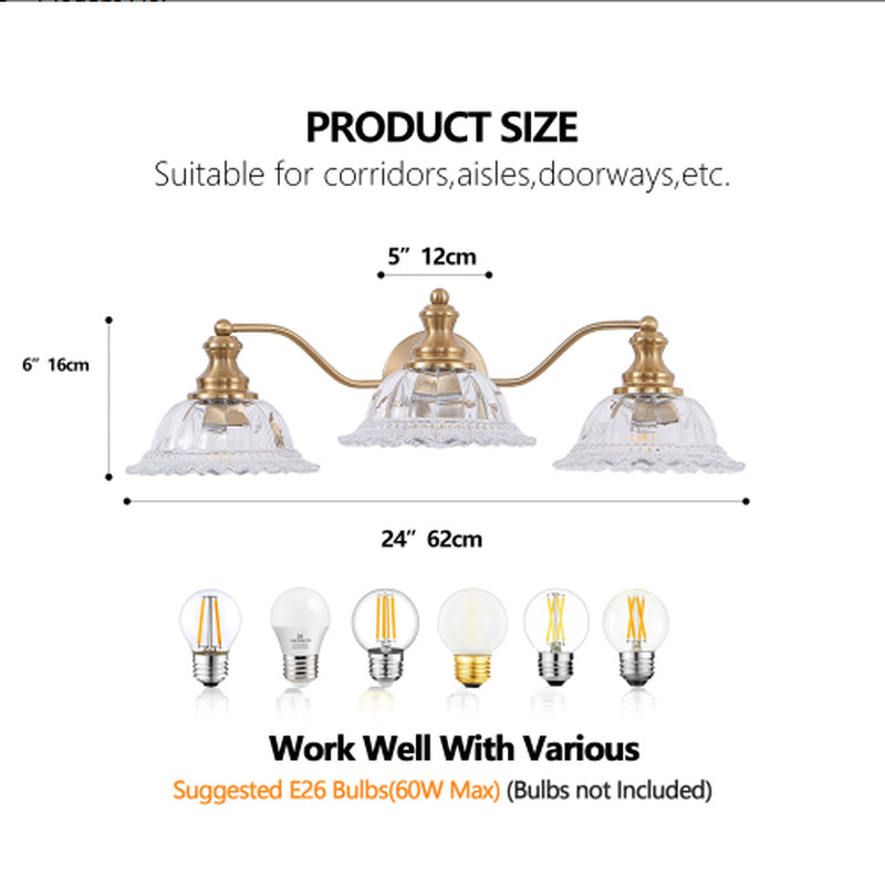 24 Inch 3-Light Vintage Gold Vanity Light with Glass Shades – image 6