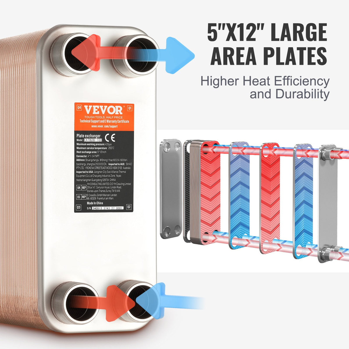 Brazed Plate Heat Exchanger 5 x 12 in, 80 Plates Stainless Steel