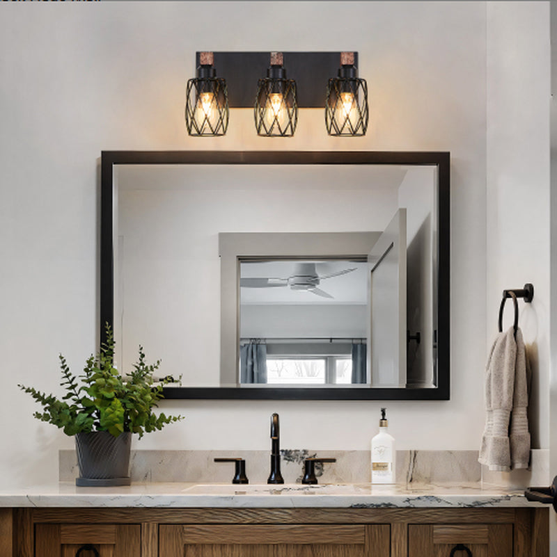 Industrial 3-Light Cage Wall Sconce with Wood Accents 18 Inch