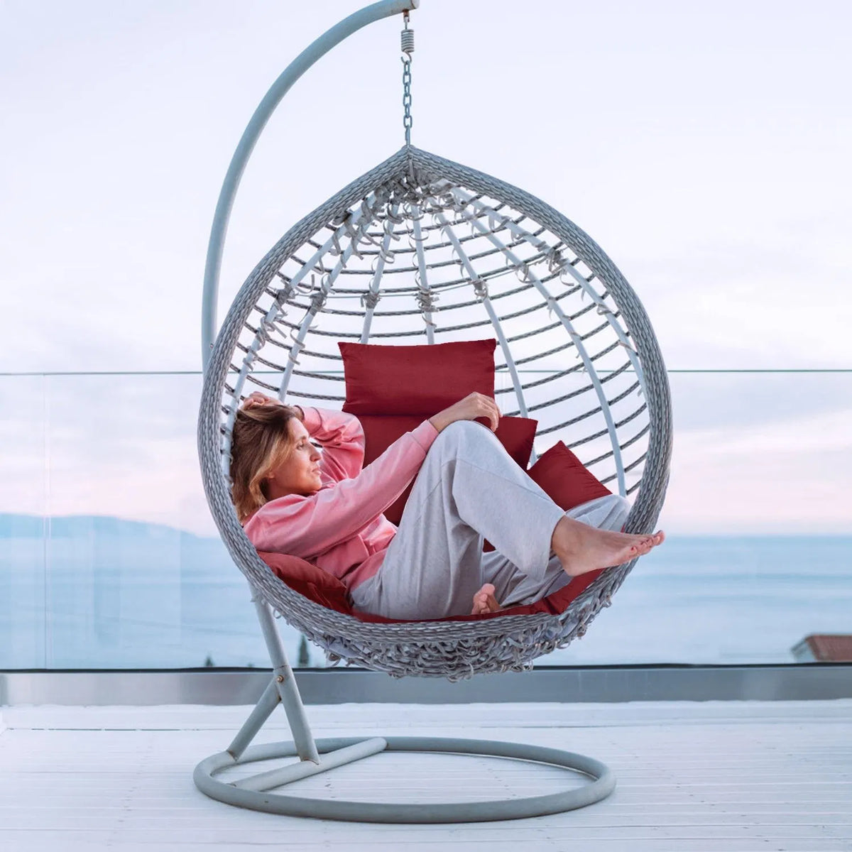 Hanging Egg Chair Cushion with Headrest, Thick Swing Seat Pad, Red – image 4