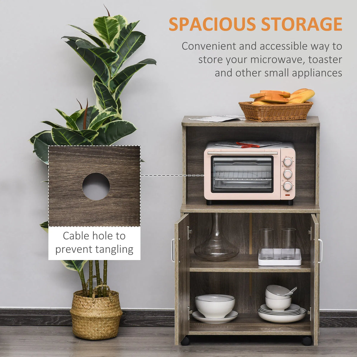 Microwave Cart on Wheels with 2-Door Cabinet, Grey Wood Grain – image 4