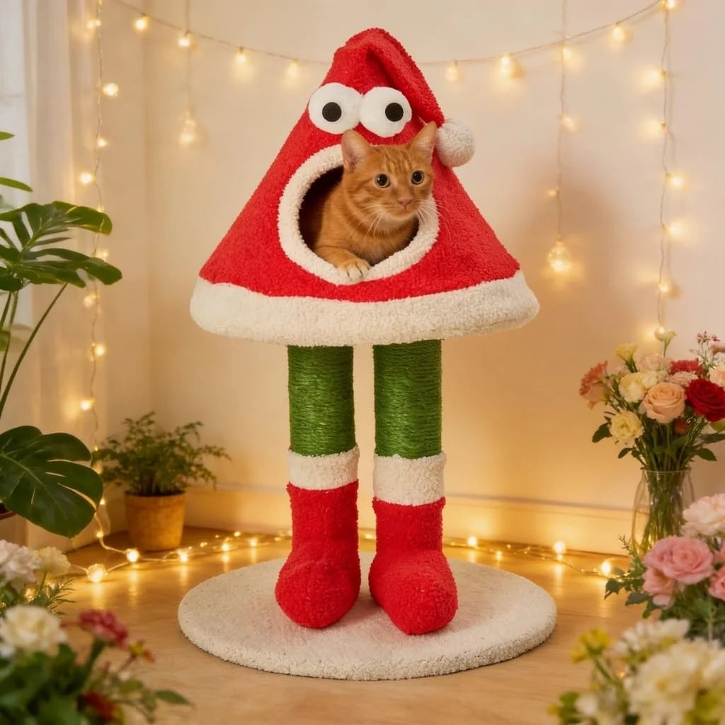 Christmas Cat Tree, Santa Hat Cat Tower with Sisal Posts, 31.5 in