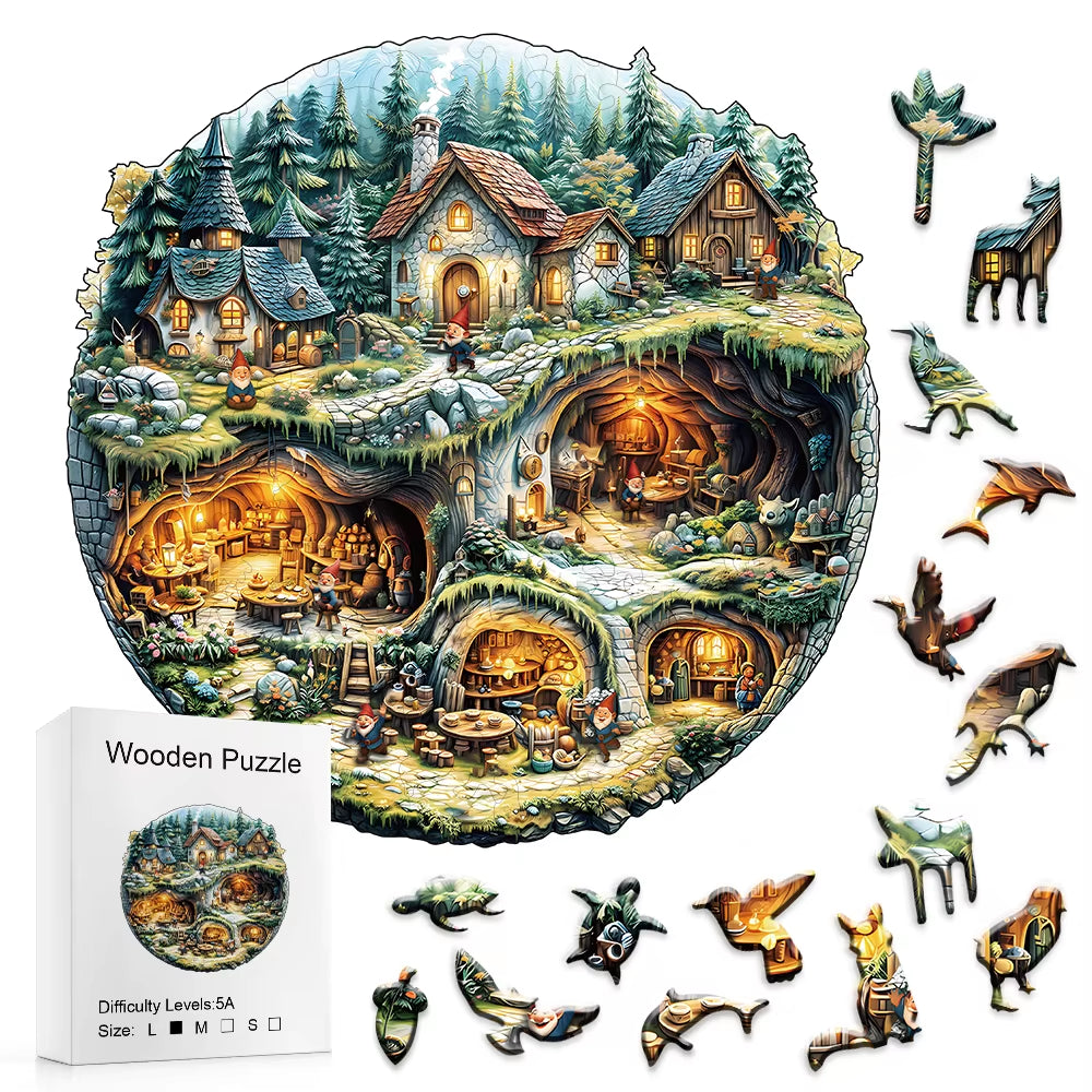 Wooden Jigsaw Puzzle Round, Gnome Village