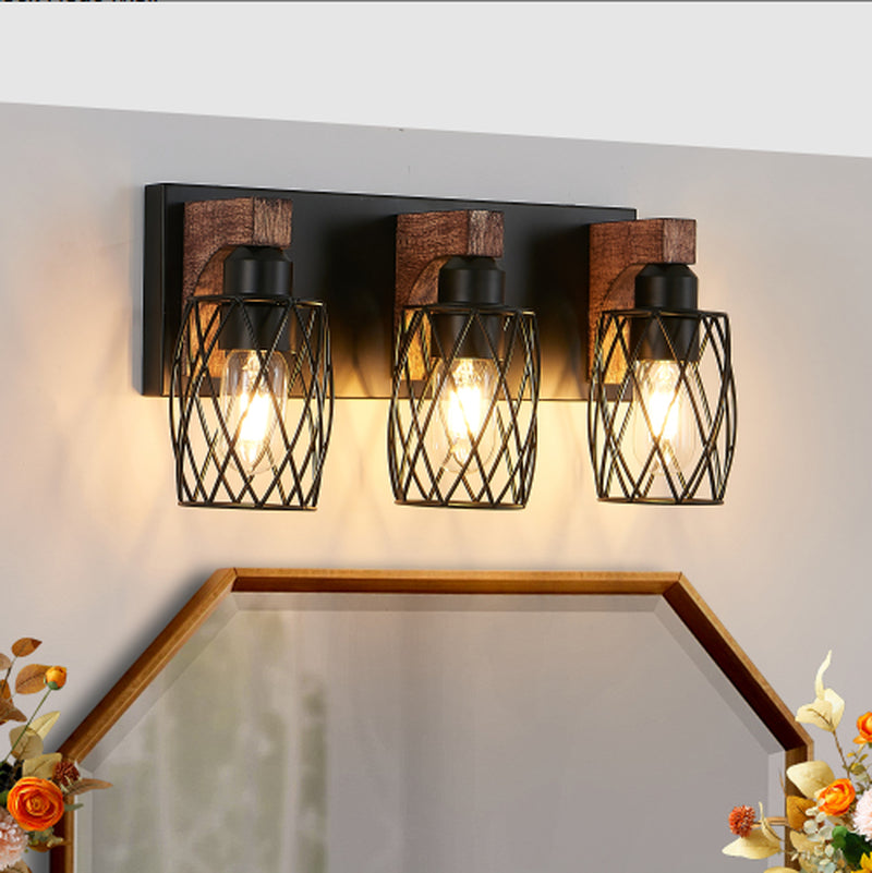 Industrial 3-Light Cage Wall Sconce with Wood Accents 18 Inch