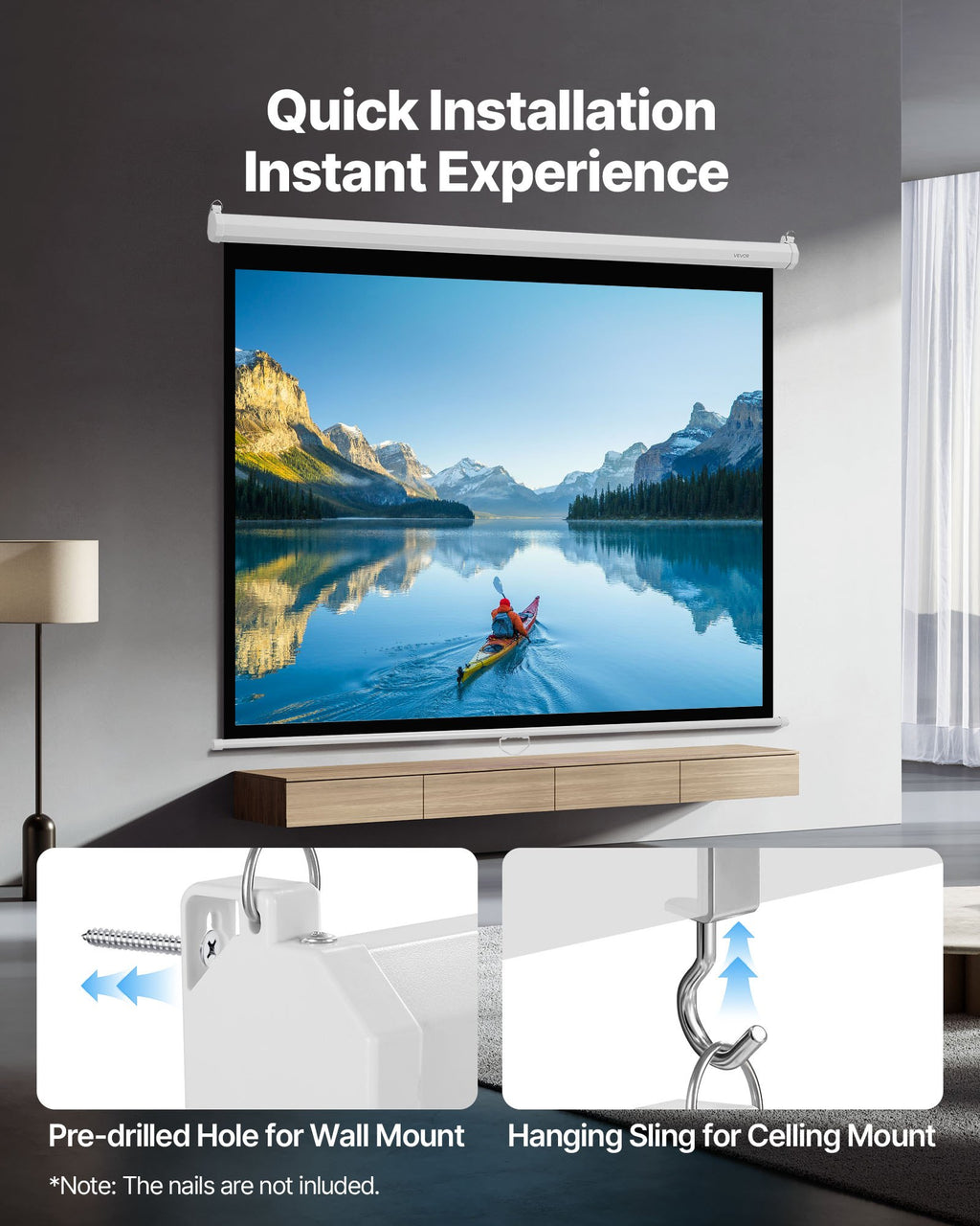 72 Inch Pull Down Projector Screen, Wall Mount 4:3 Manual Screen – image 5