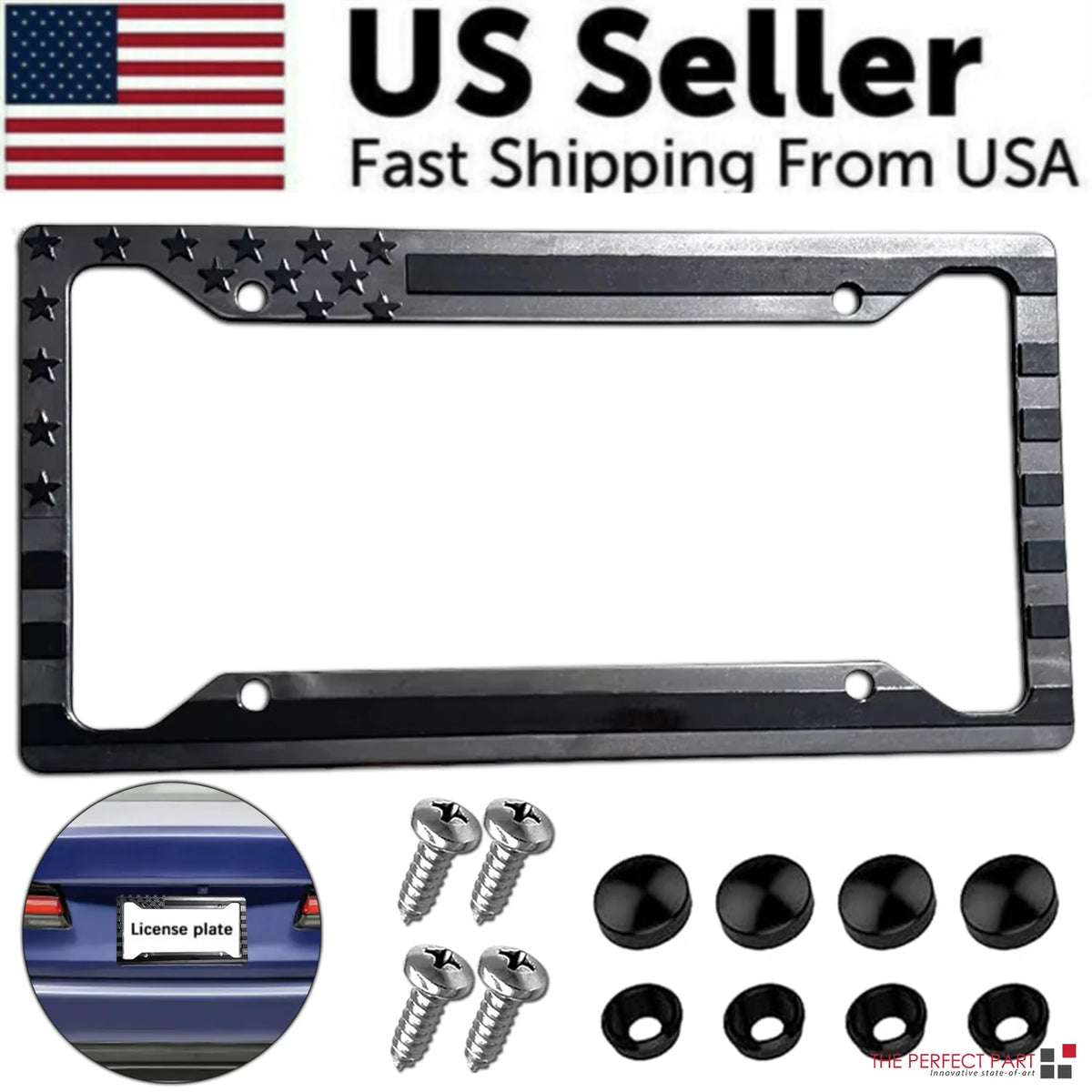 License Plate Frame, Black American Flag 3D Design