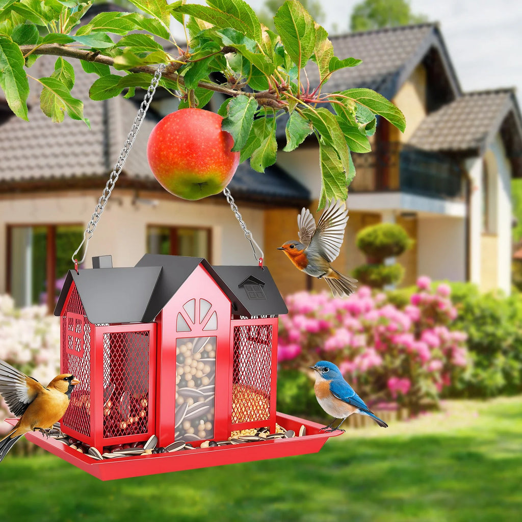 Metal Bird Feeder - Hanging Barn House with Lift-Top Lid