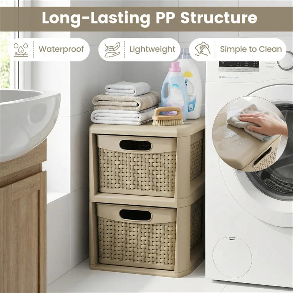 Narrow Storage Cabinet with 2 Wicker-Style Drawers – image 10