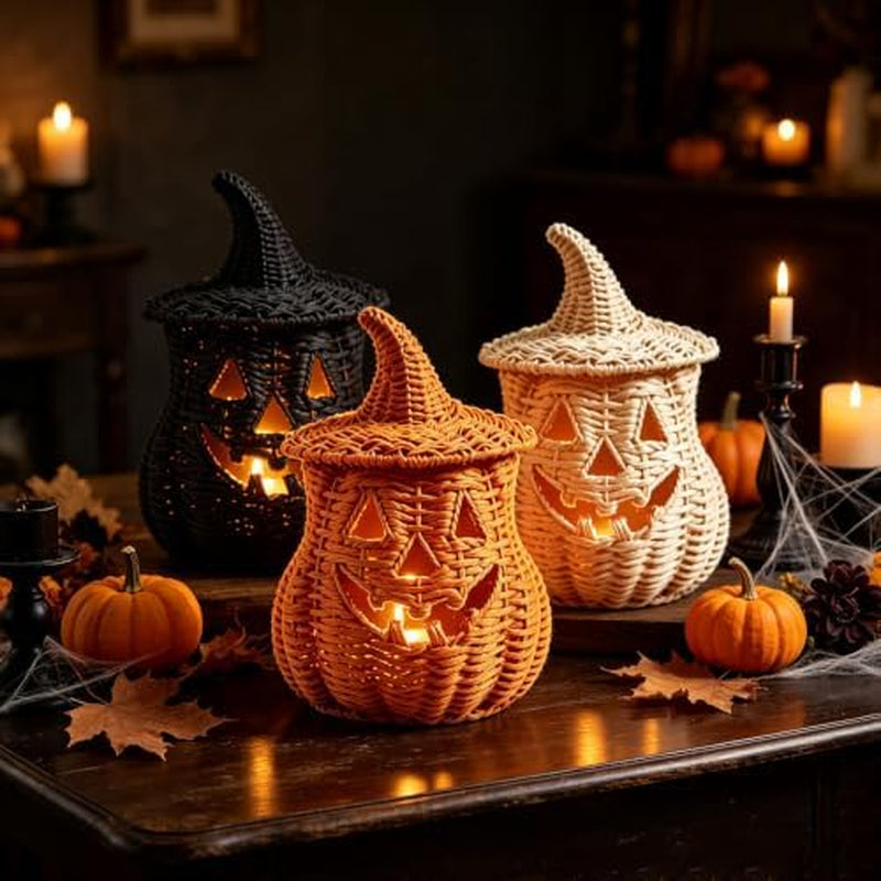 Wicker Pumpkin Lantern 11 in, Handwoven Rattan Halloween Decor – image 6