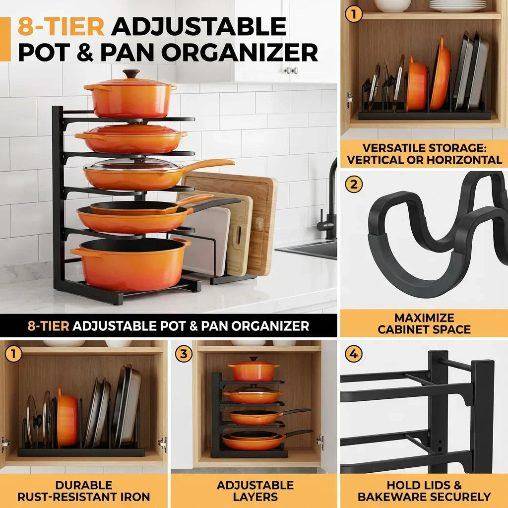 Pot Lid Rack, 8-Tier Adjustable Iron Pan Organizer for Cabinet – image 5