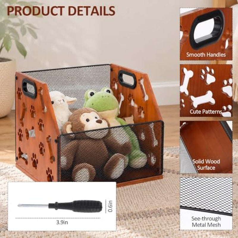 Dog Toy Basket, Wood and Metal Mesh Pet Toy Storage Bin – image 3
