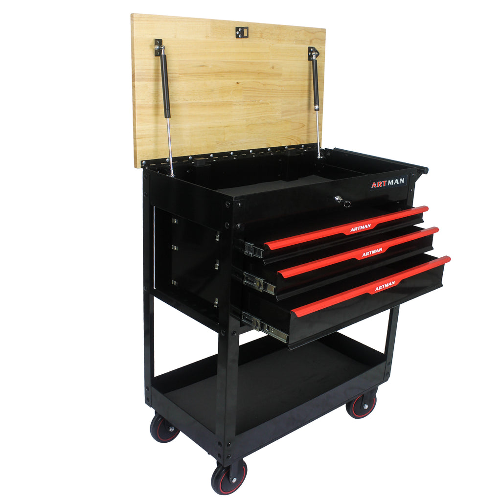 3-Drawer Rolling Tool Cart with Wooden Top and Adjustable Shelf – image 15