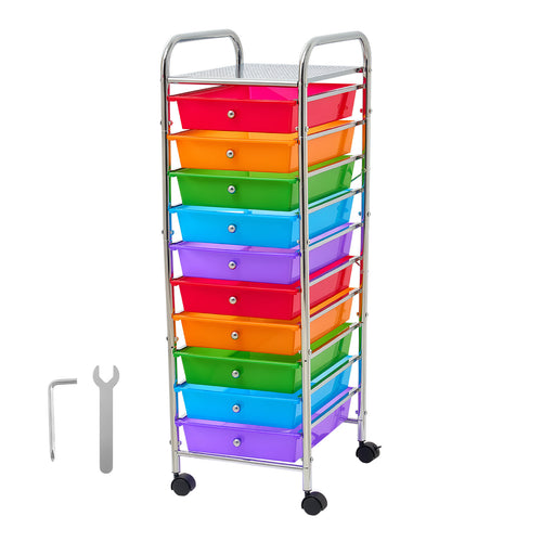 Rolling Cart with Drawers, 10 Drawer Storage Organizer, Mobile Utility Cart with Steel Frame, Universal Casters & 2 Brakes, Great for Office, Classroom, Craft Tools, Garage, Studio, Rainbow