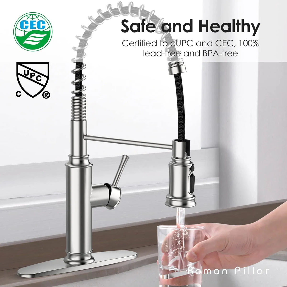 Spring Kitchen Sink Faucet, 3-Mode Pull-Down Sprayer, Brushed Nickel – image 7