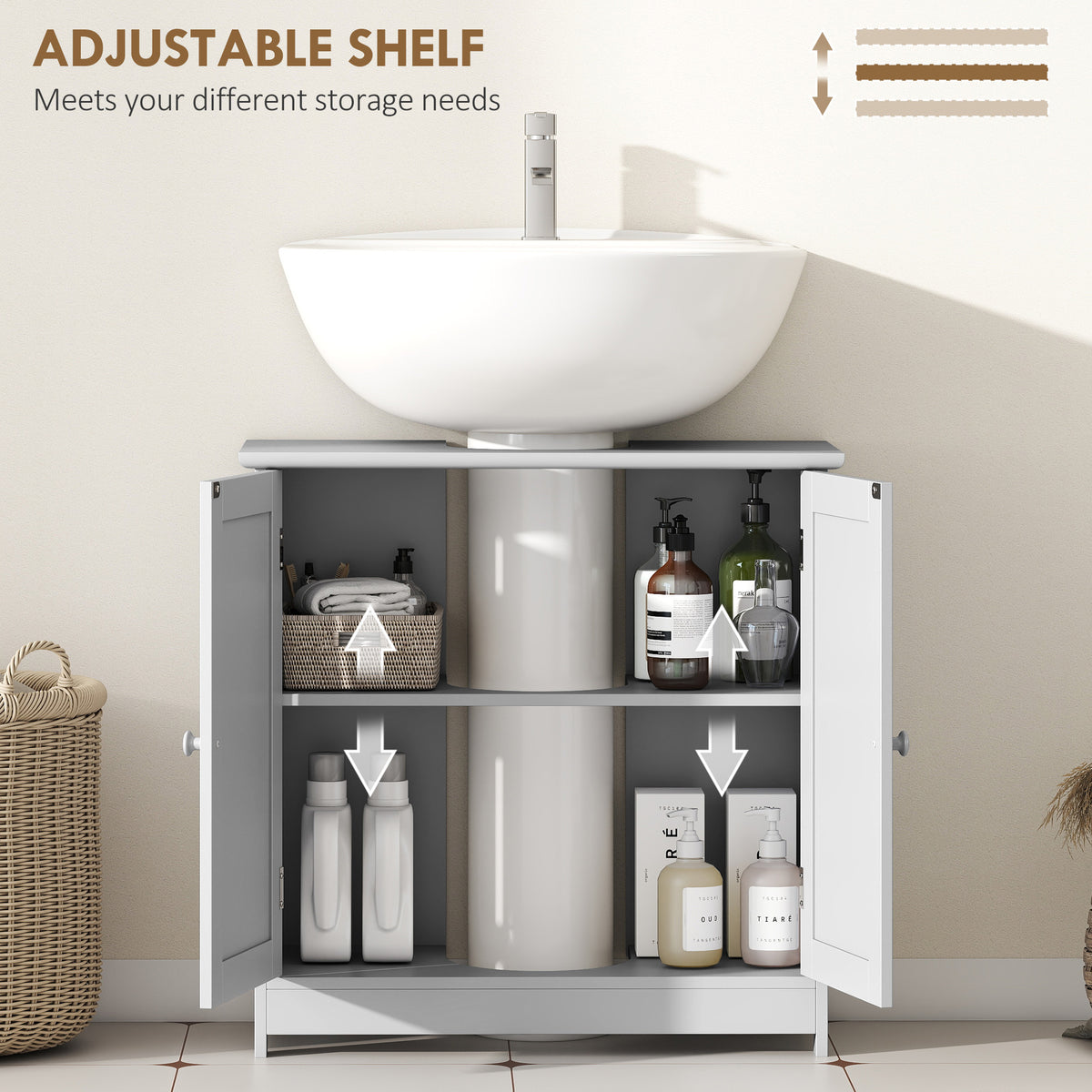 Under-Sink Bathroom Cabinet with 2 Doors and Shelf, Light Gray – image 5