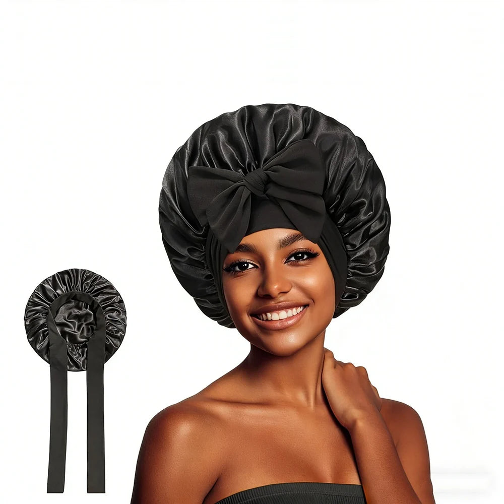 Satin Hair Bonnet with Bow Tie Wide Elastic Band Sleep Cap – image 2
