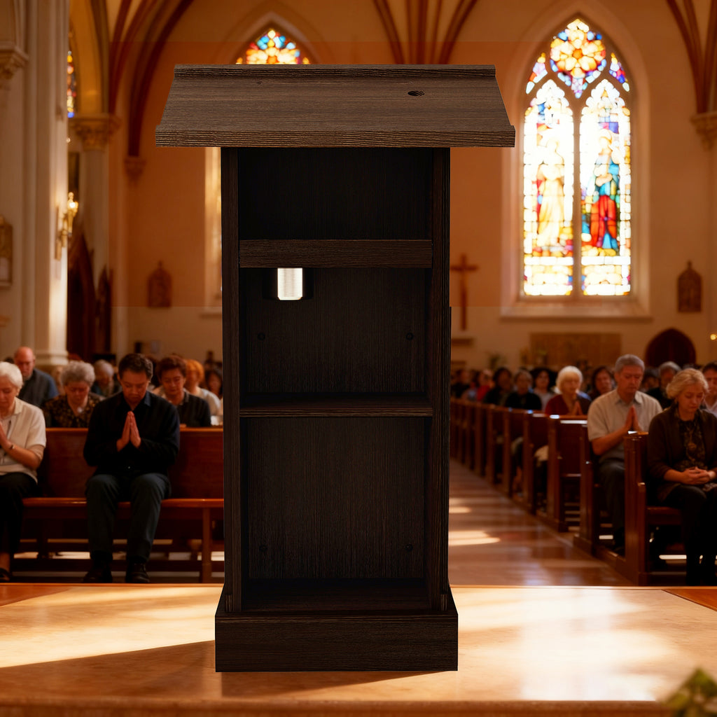 Wooden Lectern Podium 44 Inch with Sliding Shelf, Rustic Brown – image 3