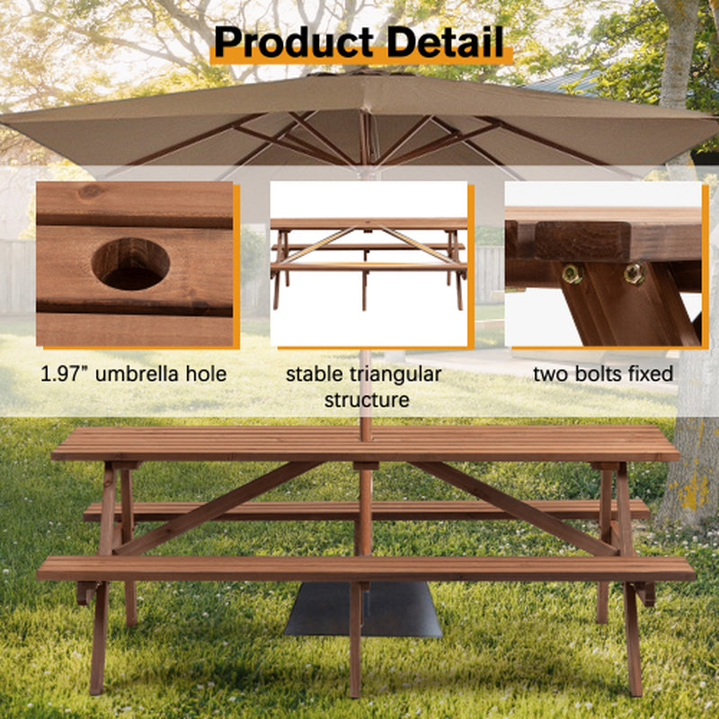 Wooden Picnic Table 75 in with 2 Built-In Benches, Umbrella Hole – image 8