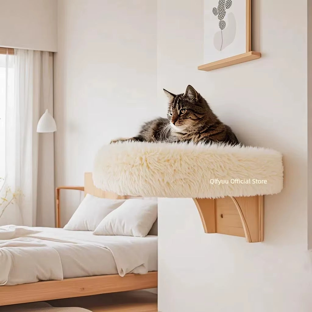 Wall Mounted Cat Perch Bed, Wooden Window Shelf with Cushion – image 2