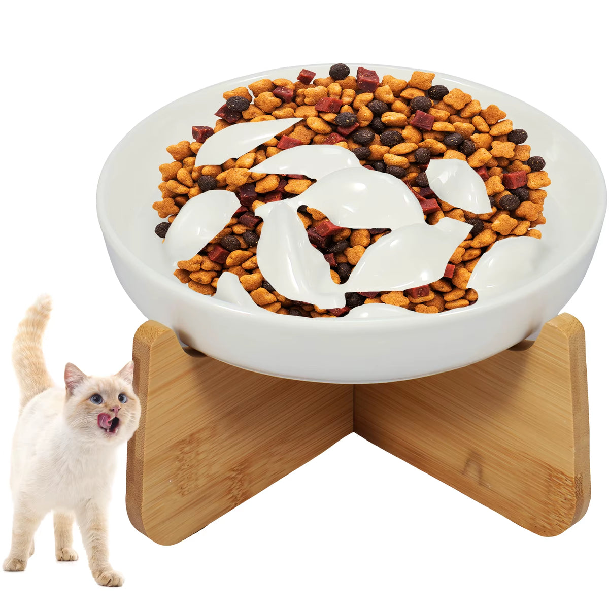 Raised Cat Bowl, Elevated Ceramic Bowl with Wood Stand – image 2