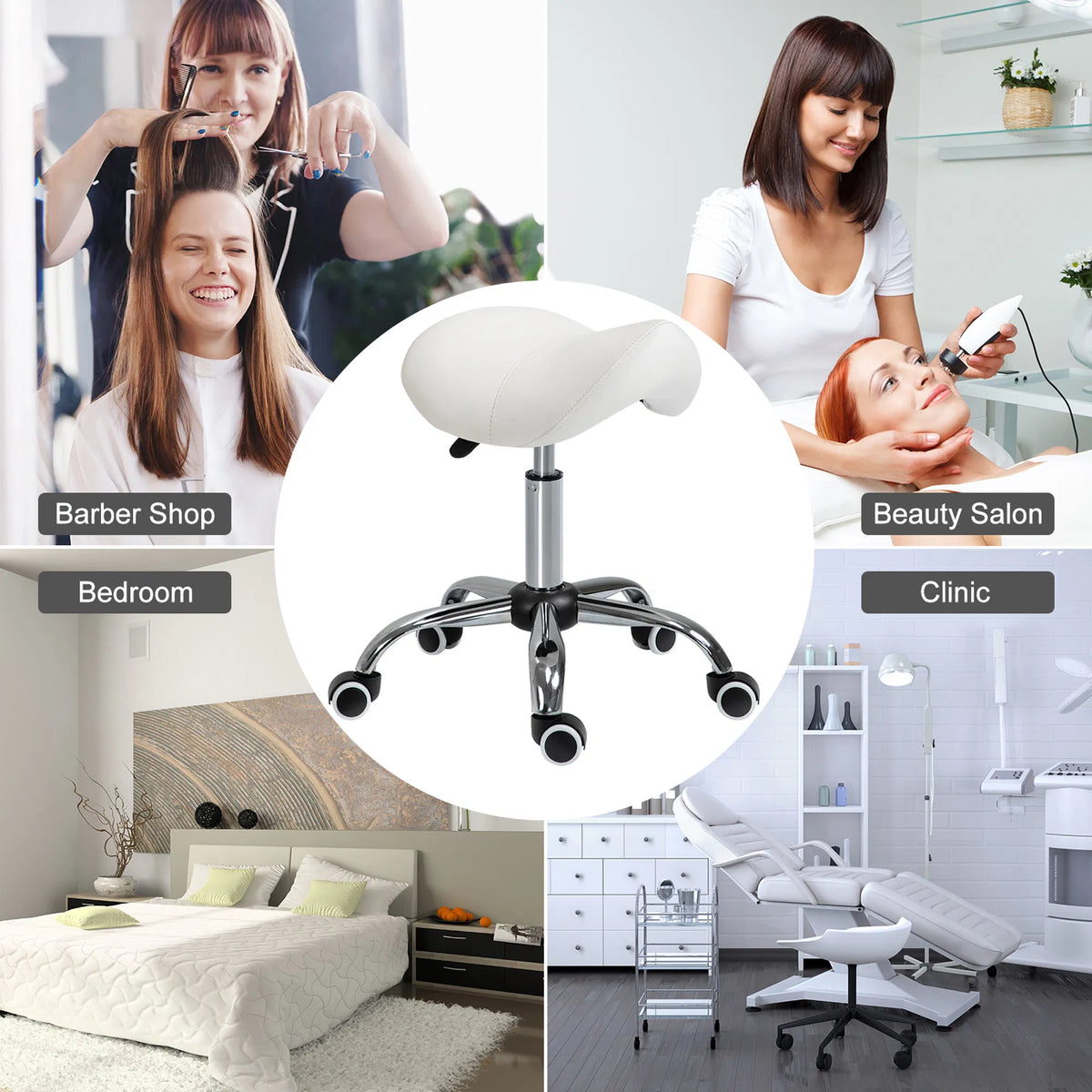 Cream White Rolling Salon Stool with Adjustable Height – image 6
