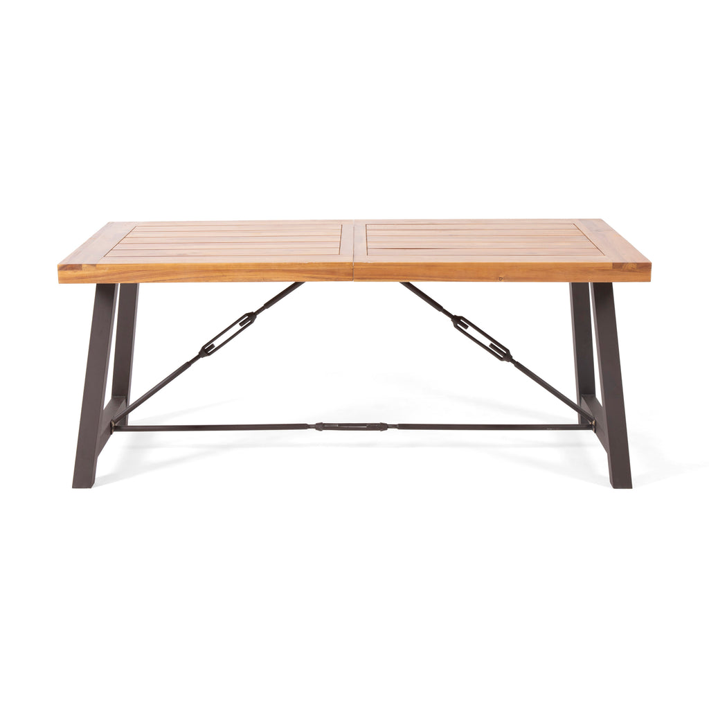 Outdoor Acacia Wood Dining Table 70 in, Metal Base, Teak Finish – image 3