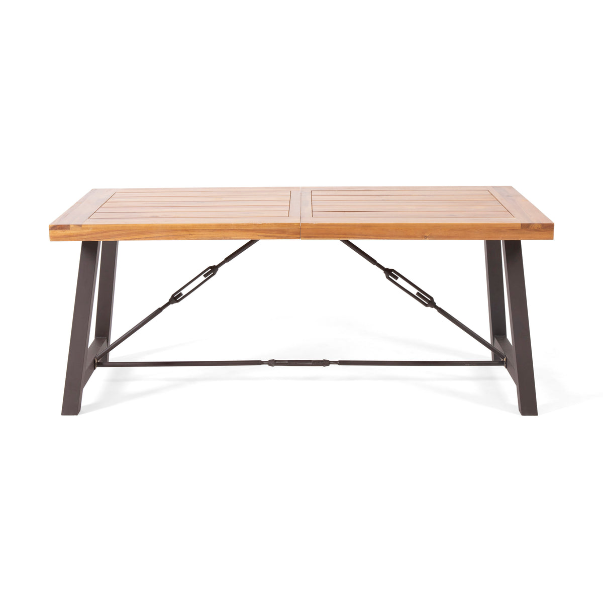 Outdoor Acacia Wood Dining Table 70 in, Metal Base, Teak Finish – image 3