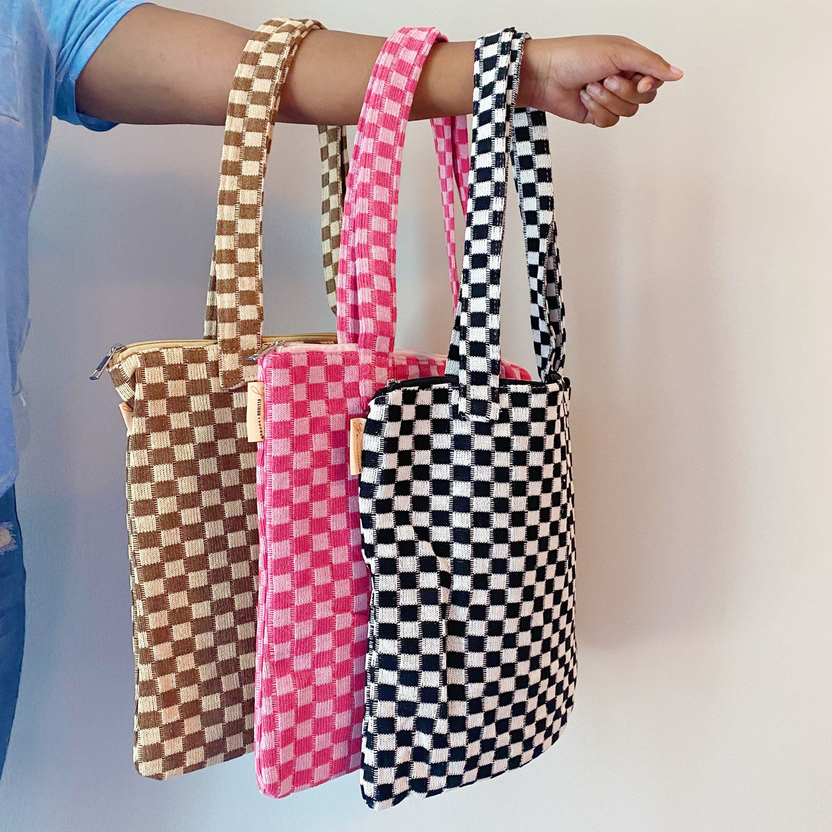 Checkered Tote Bag - Zippered Lined Shoulder Tote with Pocket