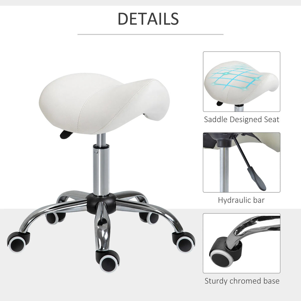 Cream White Rolling Salon Stool with Adjustable Height – image 5