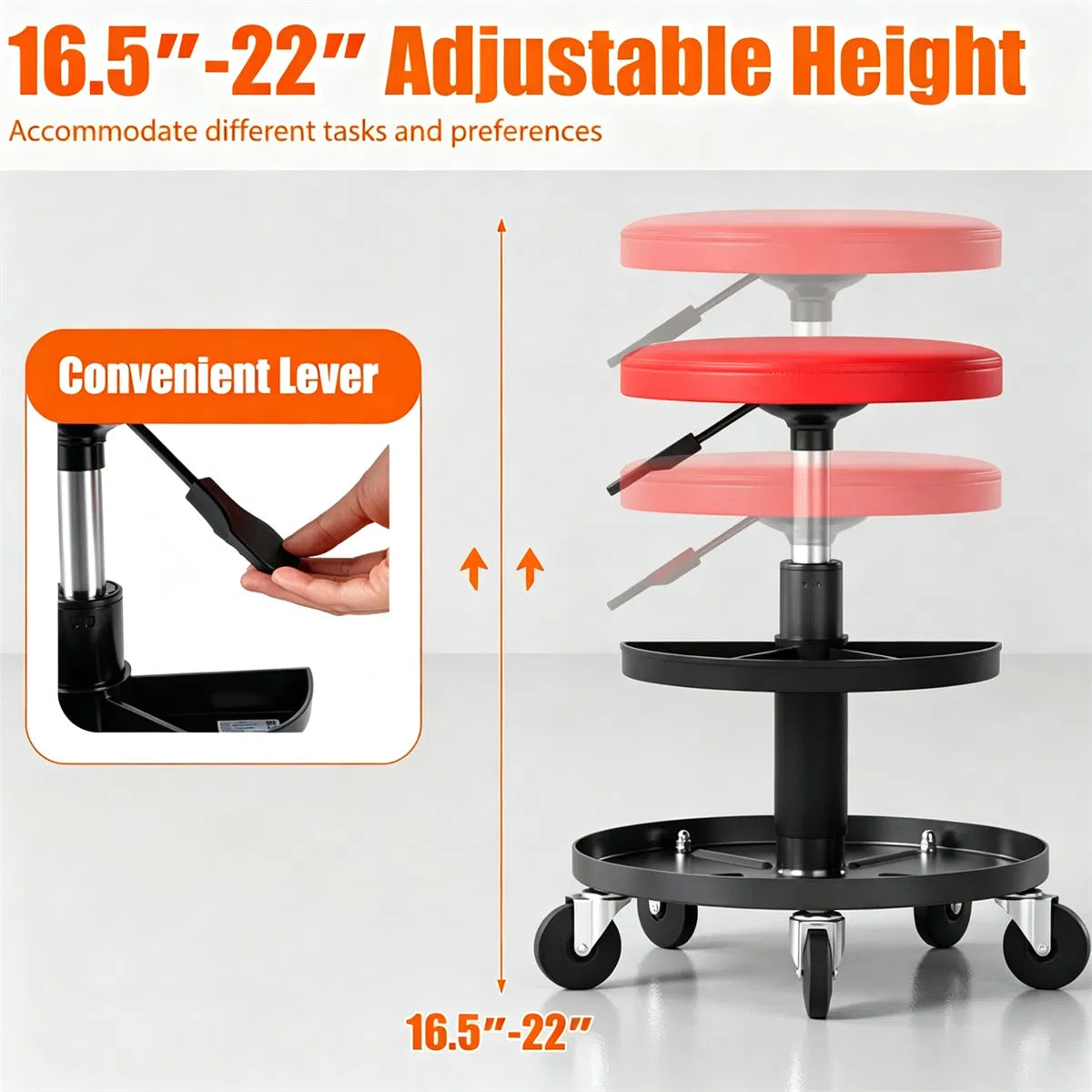 Mechanic Stool, Rolling with 2-Tier Tool Trays and Pneumatic Height – image 9