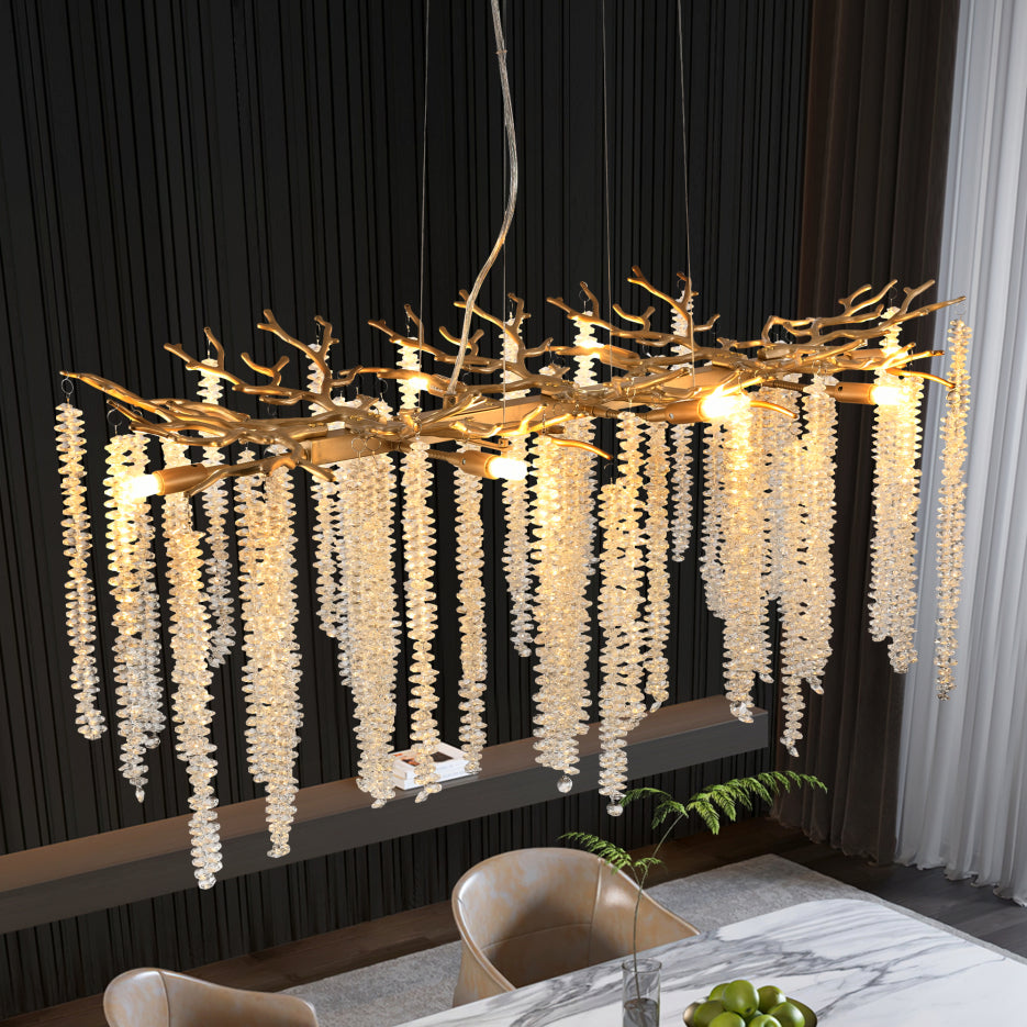 39 Inch Gold Crystal Chandelier with Cascading Strands, 8-Light
