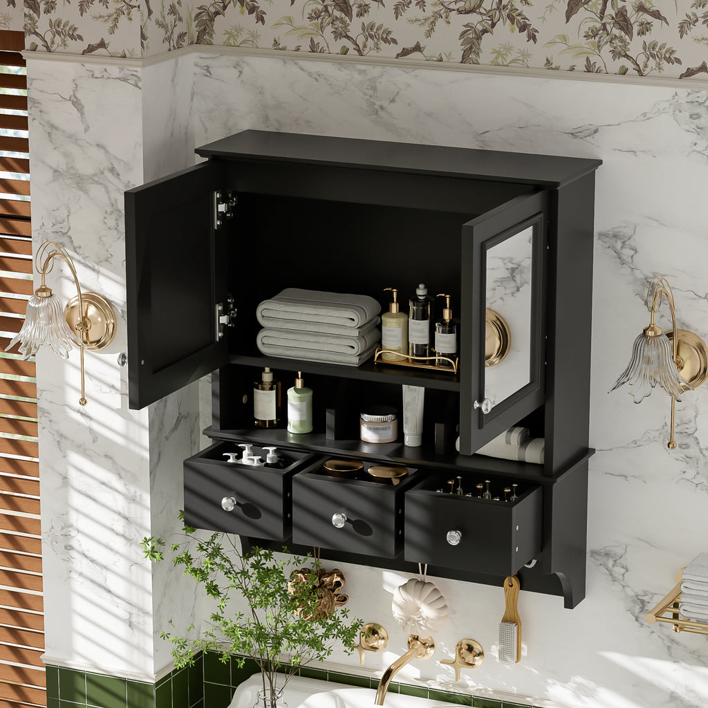 4-in-1 Bathroom Mirror Cabinet 24 in with Drawers and Hooks, Black – image 4