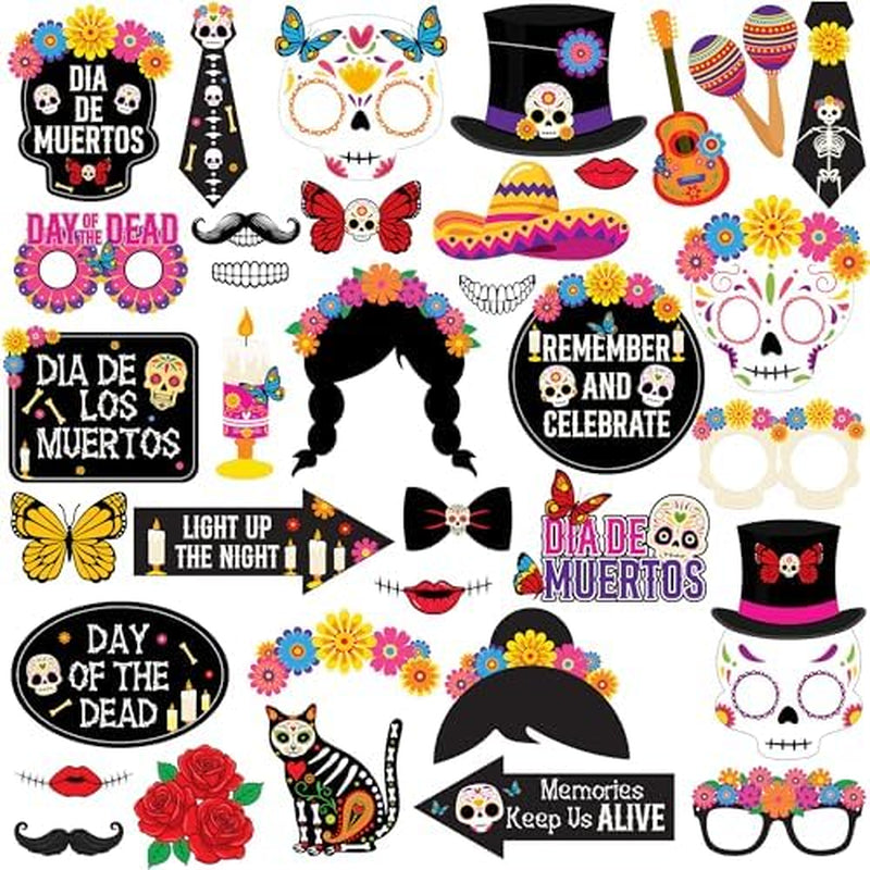 Day of the Dead Photo Booth Props – 35 Piece Halloween Set
