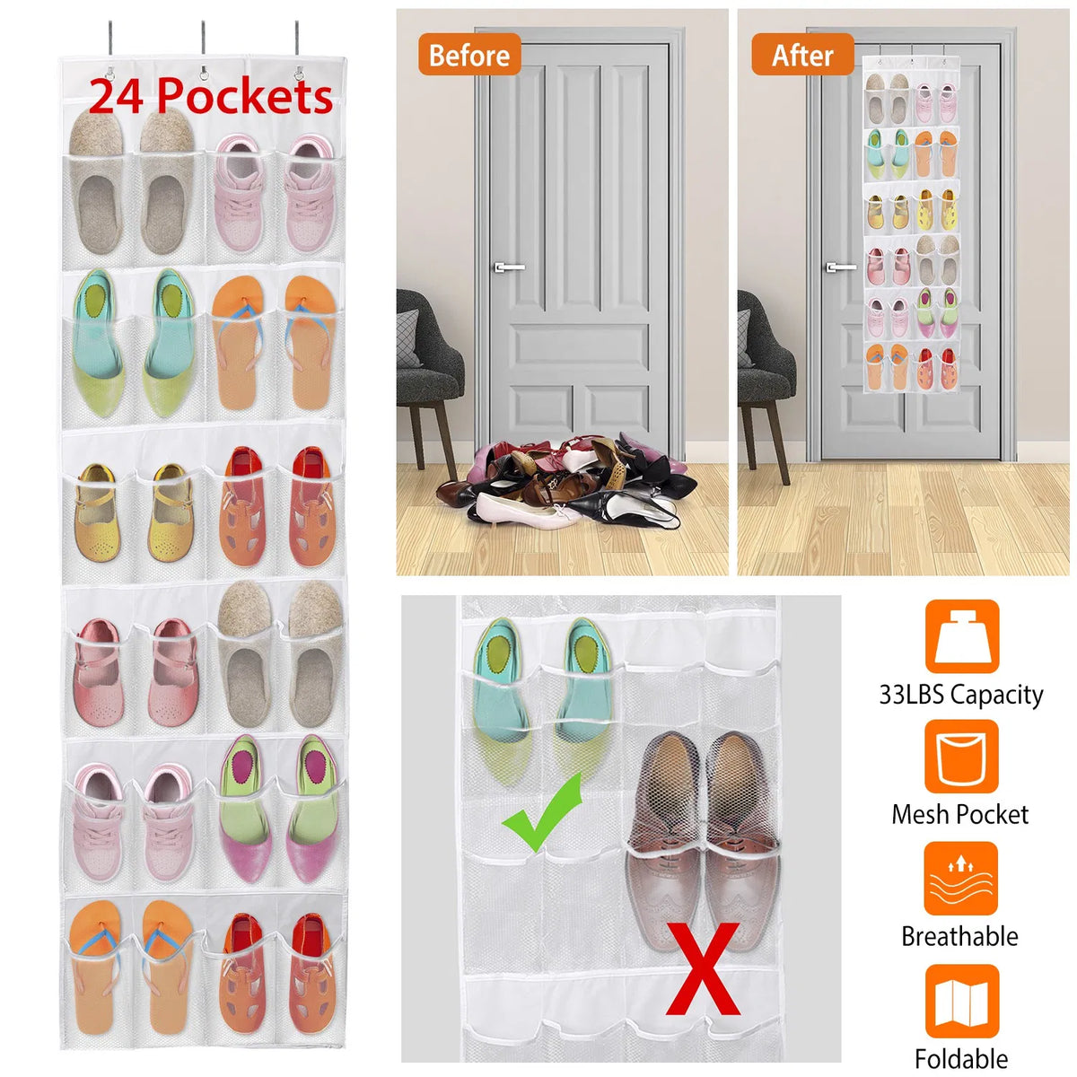 Over the Door Shoe Organizer - 24 Clear Pockets with Metal Hooks