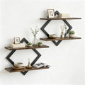 2-Tier Floating Wall Shelves Set of 2, Diamond Metal Frame, Rustic Brown
