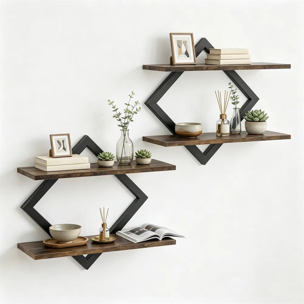 2-Tier Floating Wall Shelves Set of 2, Diamond Metal Frame, Rustic Brown