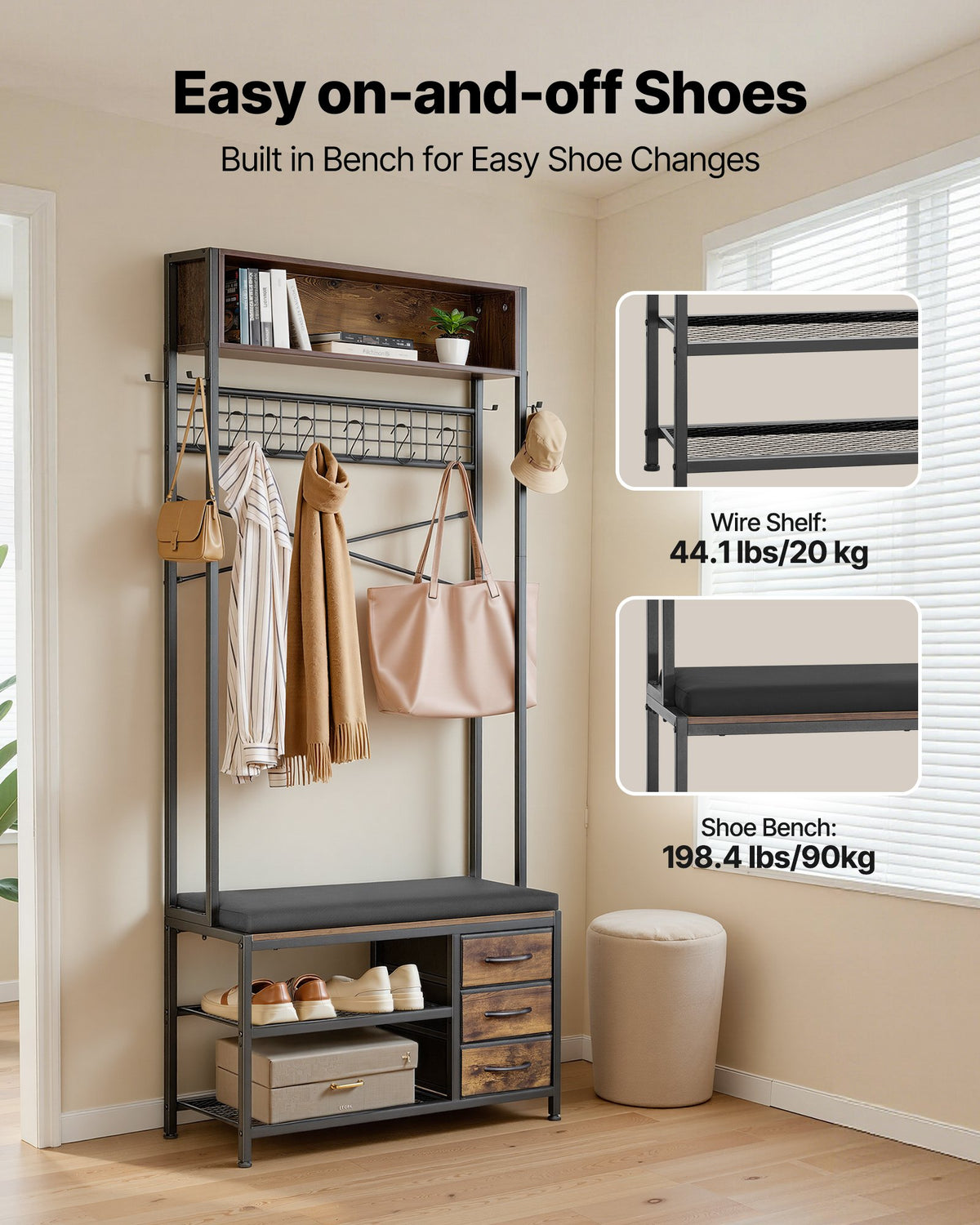 Hall Tree with Shoe Bench and 3 Drawers, 71 in Entryway Coat Rack – image 4