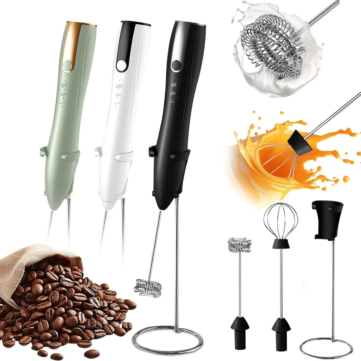Milk Frother Handheld, Rechargeable Electric Whisk with Stand