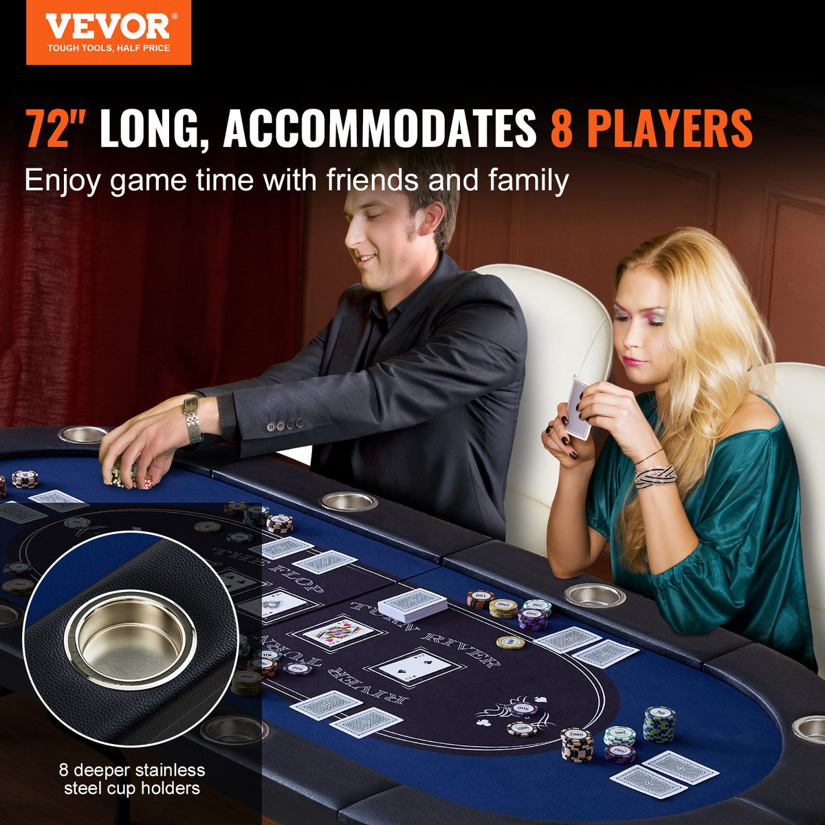 72 Inch Oval Folding Poker Table For 8 Players With Cup Holders – image 2